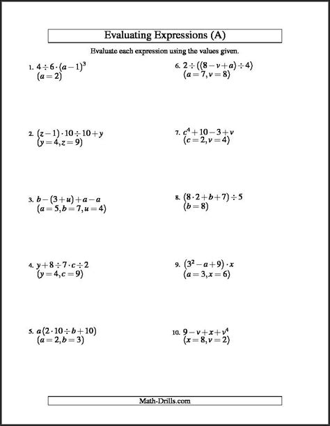 evaluate expressions worksheets 8th grade